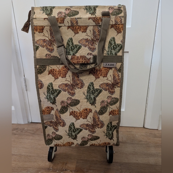 Jade Handbags - Jade Butterfly Shopping Travel Tote Bag With Collapsible Foldable Wheels